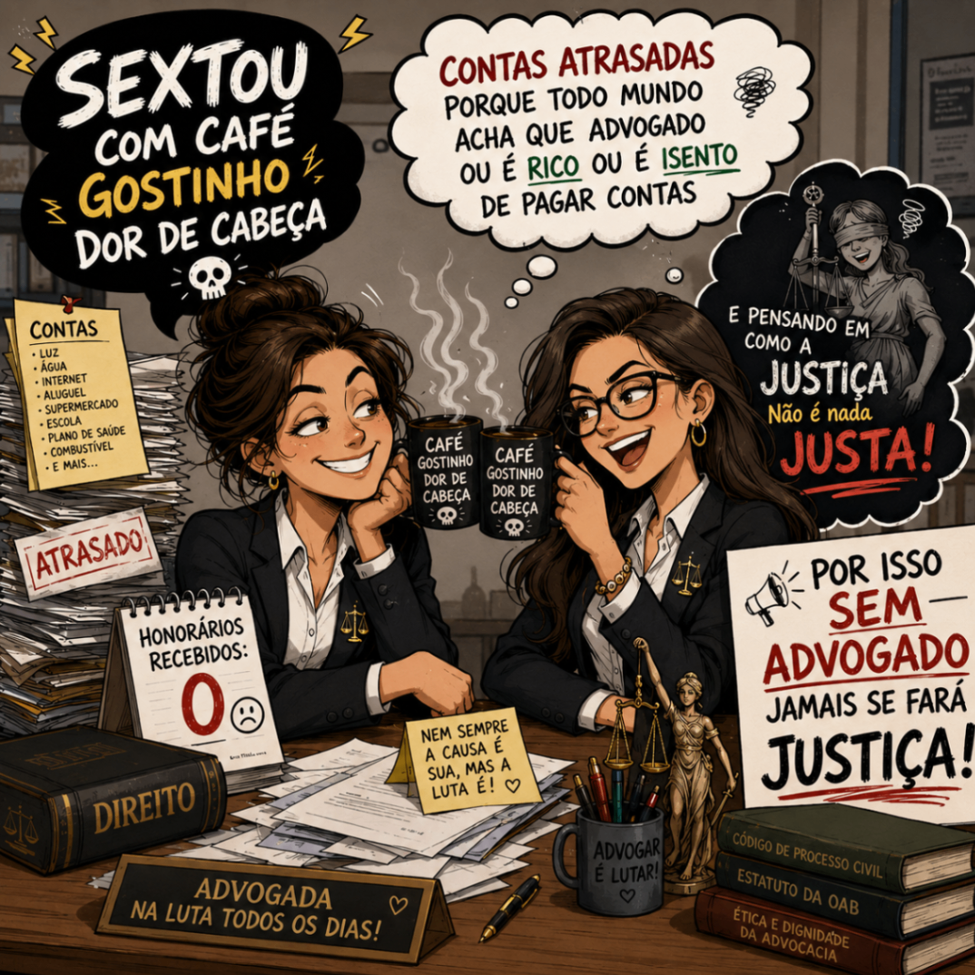 Charge sobre a rotina da advogada e valorização do trabalho jurídico