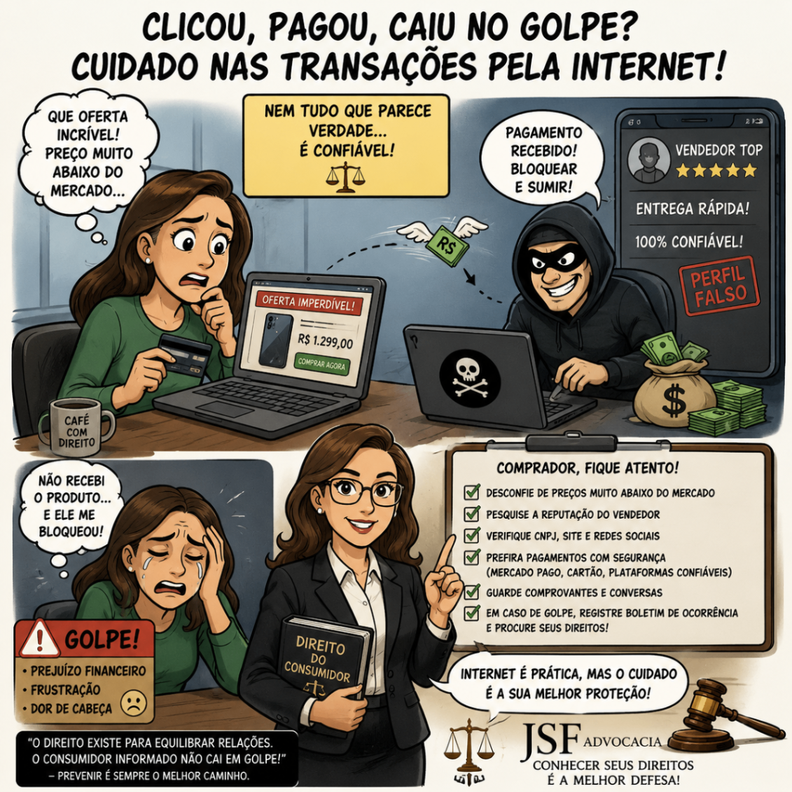 Charge sobre golpes na internet e Direito do Consumidor